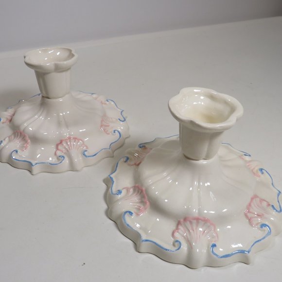 Other - Ceramic CANDLE HOLDERS (set of 2) Pink & Light Blue on white handcrafted 1984